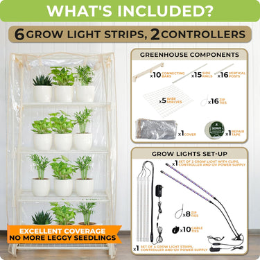 Indoor Greenhouse with Transparent PVC Tent Cover, Full-Spectrum Plant Grow Lights Indoor Strips, Gooseneck Plant Lamp Clip-on Lights